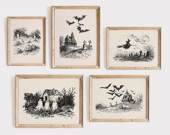 Set of 5 Halloween Sketch Art Prints, Vintage Halloween Printable Wall Art, Halloween Decor, Halloween Gallery Wall Art Set, Digital Prints