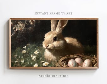 Easter Bunny Frame TV Art Spring Rabbit Decor Neutral Vintage Oil Painting Nursery Printable Wall Art Digital Download Easter TV Frame Art