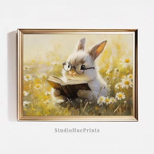 Easter Bunny Reading Book Printable Wall Art, Bunny with Glasses, Easter Printable Art, Spring Nursery Decor, Spring Meadow Digital Download