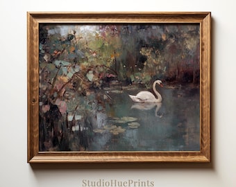 Schwan Kunstdruck | Vintage druckbare Kunst | Antikes Schwan Ölgemälde | Rustikale Bauernhaus Wand Kunst | Cottagecore Dekor | Digitaler Download