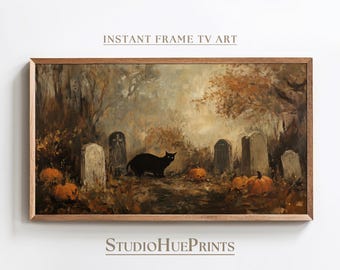 May include: A black cat walks through a foggy graveyard with pumpkins scattered on the ground. The scene is painted in a vintage style with muted colors.