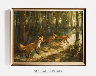 Pintura de zorro, arte vintage, arte imprimible, arte de naturaleza melancólica, impresión cottagecore, arte de pared rústico de granja, impresión digital de estética vintage