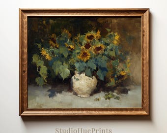 Vintage Sunflower Print, Printable Wall Art, Rustic Flower Painting, Cottagecore Decor, Vintage Botanical Print, Printable Farmhouse Decor