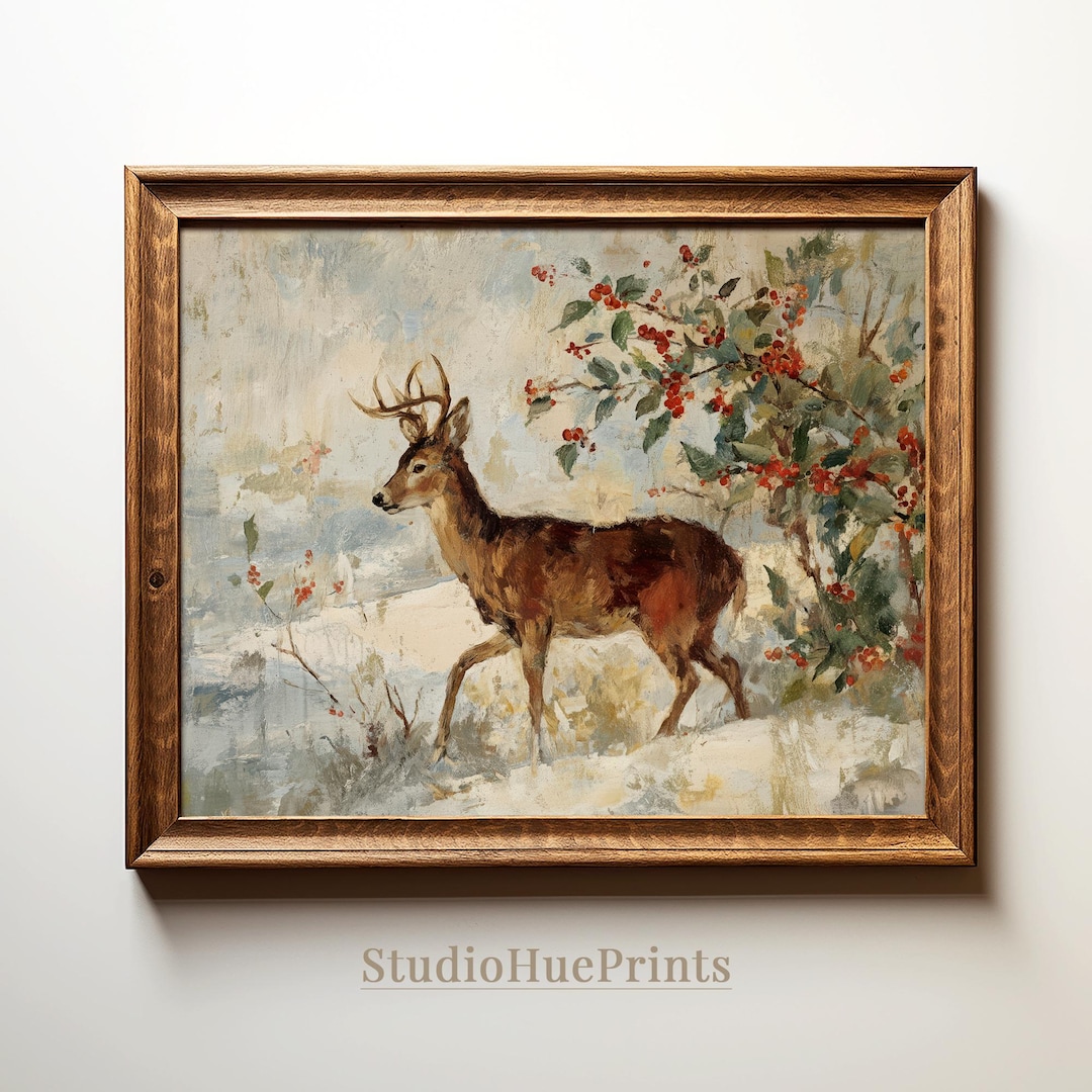 Vintage Deer Christmas Printable Wall Art, Rustic Winter Wall Decor ...