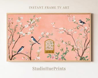Frühlingsrahmen TV Kunst, Chinoiserie TV Kunst, Vogelrahmen TV Kunst, Chinoiserie Wandkunst, Grandmillennial Tv Art, Cottagecore Dekor, Bauernhaus Dekor
