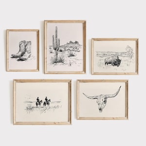Western Wall Art Bundle, Set of 5, Vintage Cowboy Sketch Print, Vintage Western Gallery Wall Art Set, Wild West Prints, Digital Download