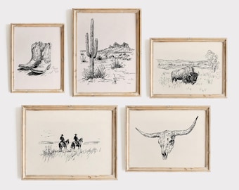 Western Wall Art Bundle, Set of 5, Vintage Cowboy Sketch Print, Vintage Western Gallery Wall Art Set, Wild West Prints, Digital Download