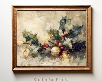 Arte de pared imprimible de acebo navideño vintage, Navidad vintage, arte de pared navideño, decoración navideña para el hogar, pintura navideña, impresión digital
