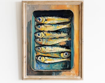Sardine stampabili da parete, stampa di sardine, poster di sardine, dipinto a olio di sardine, arte di sardine in scatola, arte murale della cucina, arte murale costiera