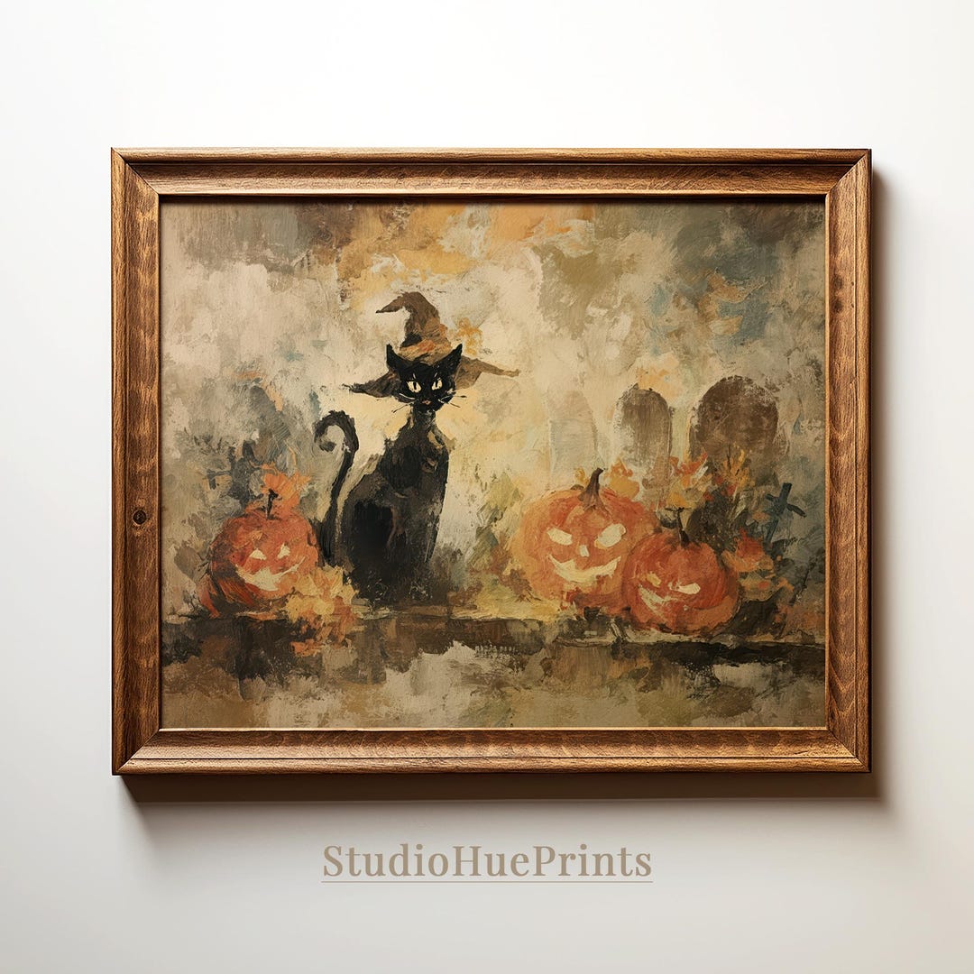 Printable Halloween Black Cat Art, Vintage Pumpkin Halloween Wall Art ...
