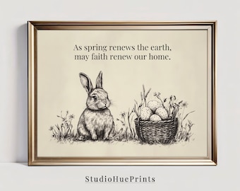 Vintage Easter Bunny Print, Printable Wall Art, Rustic Easter Decor, Neutral Minimalist Rabbit Sketch, Rustic Cottagecore Decor, Spring Art