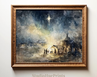 Watercolor Nativity Scene Printable Wall Art, Vintage Christmas Print, Baby Jesus, Christian Wall Art, Farmhouse Decor, Cottagecore Decor