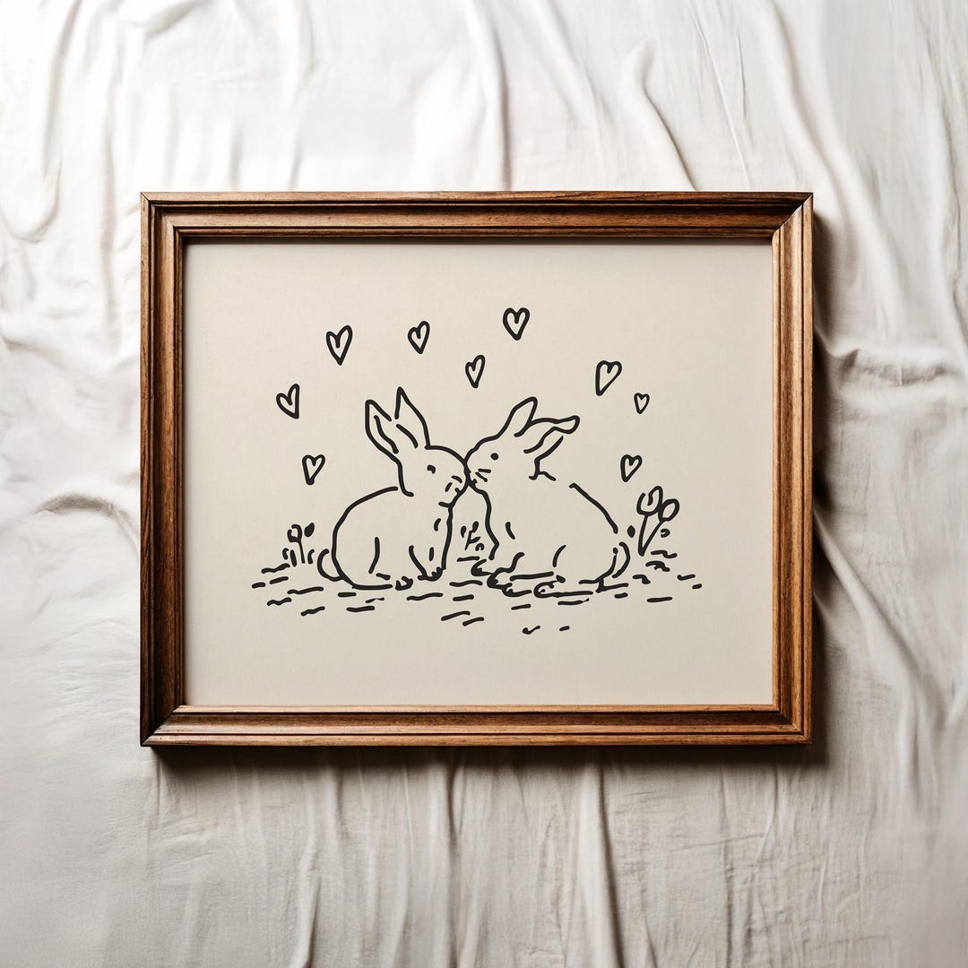 Vintage Bunny in Love Sketch Print, Printable Romantic Wall Art ...