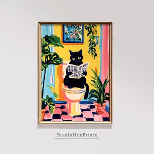 May include: A black cat sits on a pink toilet reading a newspaper in a colorful bathroom with yellow walls, green plants, and a pink and black checkered floor.