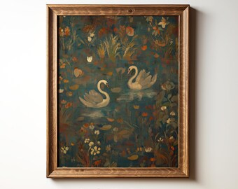 May include: A framed vintage-style print featuring two white swans on a pond surrounded by flowers and foliage. The artwork has a teal and brown color palette, with the text "StudioHuePrints" at the bottom.