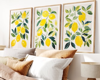 Lemons Printable Wall Art, Set of 3, Lemons Print, Lemons Poster, Lemon Painting, Kitchen Wall Art, Botanical Wall Art, Digital Download