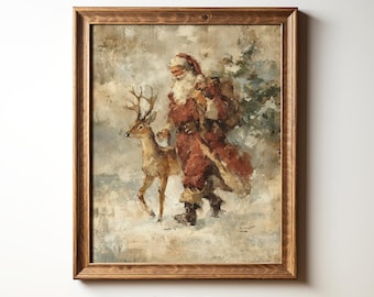 Puede incluir: Una impresión enmarcada de Santa Claus caminando con un ciervo en un paisaje nevado. Santa lleva un traje rojo y lleva un saco. La obra de arte tiene un estilo vintage y pictórico. El marco es de madera. El texto "StudioHuePrints" está en la parte inferior.