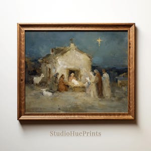 Puede incluir: Pintura enmarcada que representa una escena de la Natividad. La obra presenta un pequeño edificio blanco con una cruz, figuras con túnicas y una estrella en el cielo nocturno. El marco es de madera marrón. El texto "StudioHuePrints" es visible en la parte inferior.