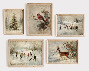 Set of 5 Vintage Winter Christmas Wall Art Prints, Printable Winter Decor, Christmas Gallery Wall Prints, Cabin Wall Art (Digital Download)
