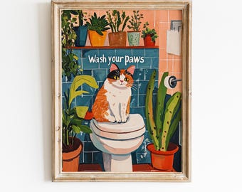 Wash Your Paws Print, Printable Bathroom Wall Art, Funny Cat Bathroom Decor, Funny Cat Print, Humorous Toilet Sign, Cat Bathroom Decor