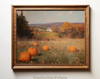 Vintage Pumpkin Field Printable Wall Art, Pumpkin Oil Painting, Pumpkin Decor, Vintage Fall Print, Rustic Farmhouse Decor, Fall Wall Decor