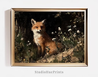 May include: A painting of a red fox sitting in a dark forest setting. The fox is looking directly at the viewer with a curious expression. The background is filled with green foliage and white flowers.