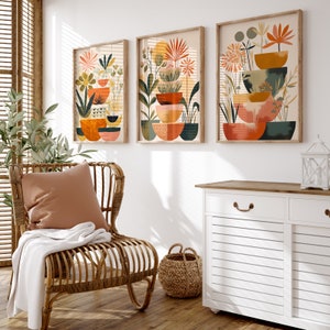 Boho abstrakte Blumen druckbare Wandkunst, 3er-Set, Florale Wandkunst, Boho druckbare Kunst, Mid-Century moderne Wandkunst, Vintage Kunstdruck
