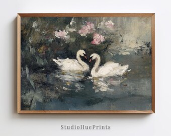 Impresión artística de cisne, arte de pared vintage imprimible, pintura al óleo de cisne antiguo, arte imprimible neutro, decoración de granja vintage, descarga digital
