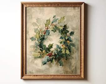 May include: A framed print of a watercolor holly wreath with red berries and green leaves. The artwork is set against a muted, textured background and framed in a wooden frame. The text "StudioHuePrints" is at the bottom.
