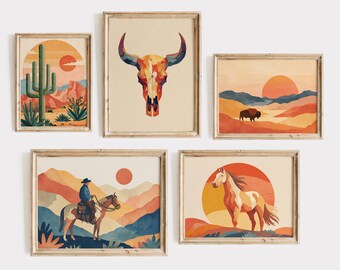 Set of 5 Western Wall Art Prints, Printable Wall Art, Vintage Western Gallery Wall Art Set, Cowboy Print, Wild West Prints, Boho Art Decor