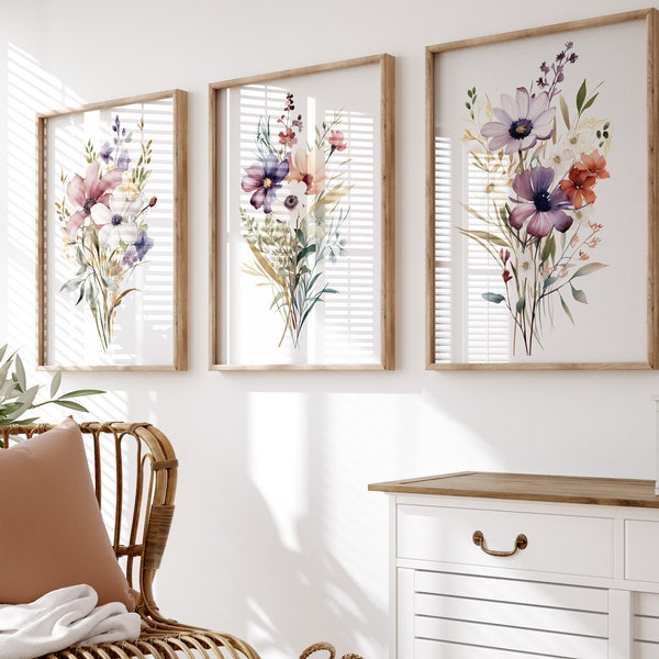 Aquarelle Fleurs sauvages Ensemble de 3 estampes, Fleurs sauvages Art mural botanique, Décoration murale florale imprimable, Fleurs sauvages Boho Art, Téléchargement numérique