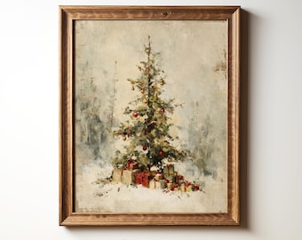 Peut inclure: Une impression encadrée d'un sapin de Noël orné de décorations et de cadeaux emballés. L'œuvre d'art a un style vintage et pictural avec une palette de couleurs sourdes de verts, de rouges et de bruns. Le cadre est en bois.