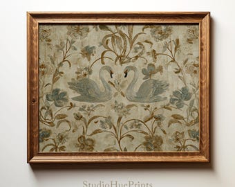 Vintage Swan Wallpaper Pattern Art Print, Printable Wall Art, French Country Decor, Vintage Swan Art, Cottagecore Decor, Digital Download