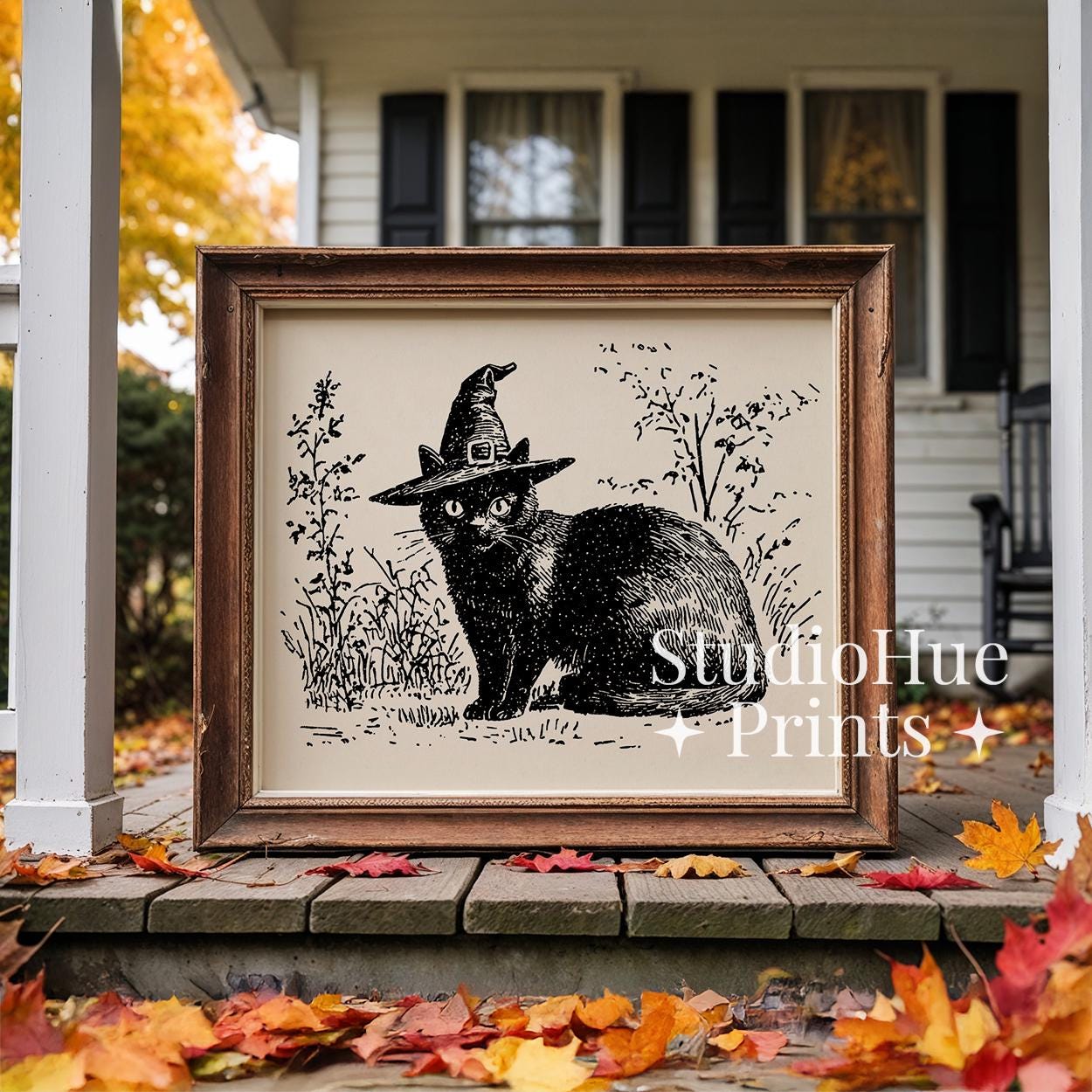 Vintage Witchy Black Cat Sketch Print, Halloween Printable Wall Art ...