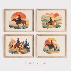 Vintage Western Printable Wall Art Bundle, Set of 4, Vintage Western Gallery Wall Art Set, Vintage Cowboy Print, Rustic Watercolor Painting