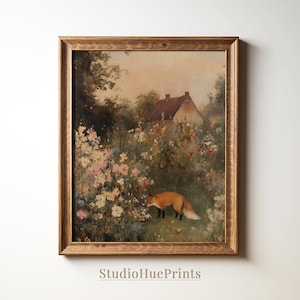 May include: A vintage painting of a fox in a garden with a cottage in the background. The fox is brown and orange and is walking through a field of flowers. The cottage is a small, white building with a red roof.