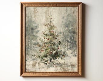 Vintage Christmas Tree Printable Wall Art, Rustic Christmas Decor Painting, Vintage Christmas Wall Art, Winter Wall Art, Winter Tree Print