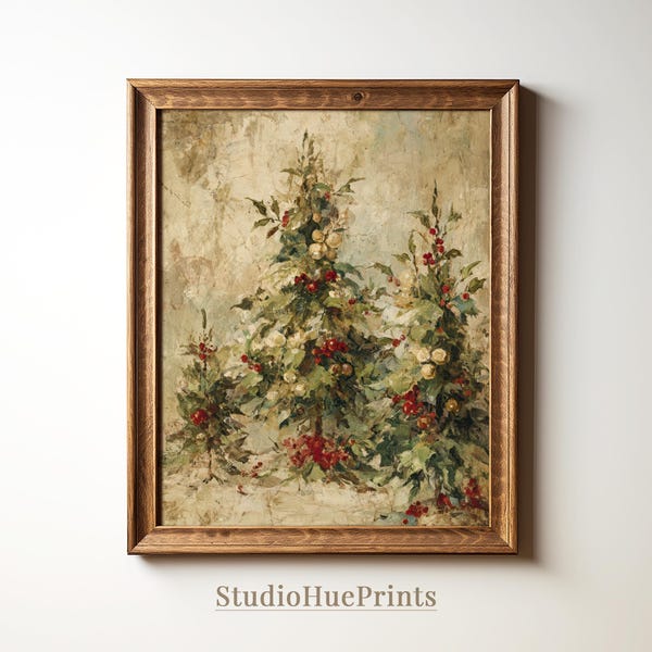 Vintage Weihnachtsbaum-Druck, druckbare Wandkunst, Winterbaum-Druck, rustikale Weihnachtsdekoration, Weihnachtsbaummalerei, viktorianische Weihnachten