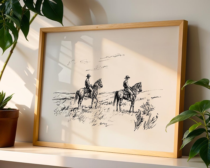 May include: A framed black and white print featuring two cowboys on horseback in a grassy field. The artwork is in a wooden frame and has a minimalist, sketched style. The print evokes a Western theme.