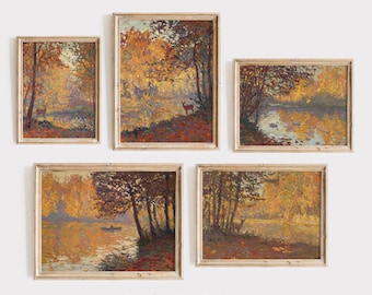 Conjunto de 5 láminas artísticas de otoño, arte mural imprimible, conjunto de arte mural de galería de otoño, decoración del hogar de otoño, pintura al óleo de paisaje otoñal, descarga digital