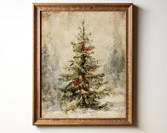 May include: A framed wall art print featuring an oil painting of a decorated Christmas tree in a snowy forest. The tree is adorned with gold and red ornaments against a muted, neutral background. The artwork is encased in a wooden frame.