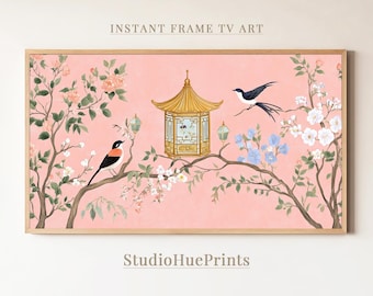 Rosa Chinoiserie Rahmen TV Kunst, Chinoiserie Wandkunst, Frühlingsrahmen TV Art, Cottagecore Dekor, Bauernhaus Dekor, Chinoiserie Floral TV Art