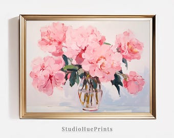 Arte murale stampabile con peonie rosa, stampa di peonie, stampa botanica, stampa floreale, dipinto di peonie, opera d'arte di peonie, stampa di fiori rosa vintage