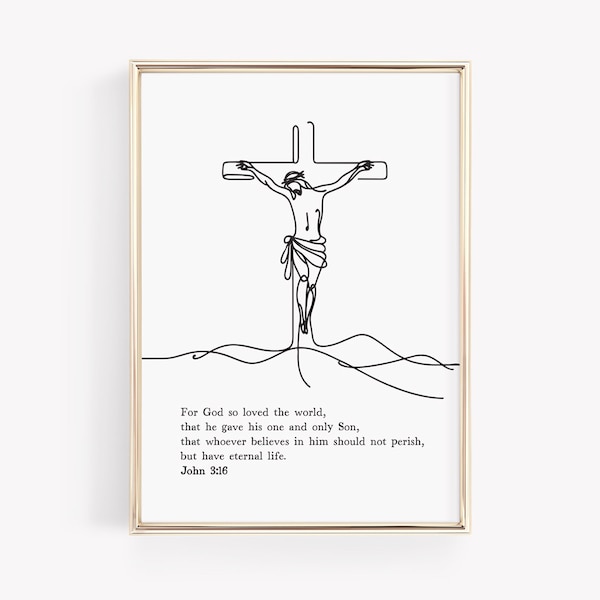 Minimalist Christian Line Art, Crucifixion of Christ, Jesus on Cross, Calvary, Religious Printable Wall Art, Jesus Art, Bible Verse, Easter