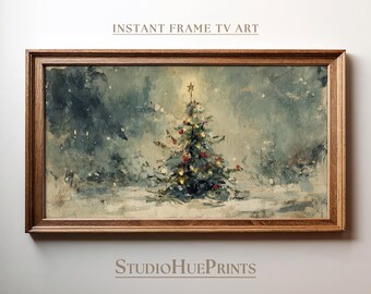Vintage Christmas Tree Frame TV Art, Snowy Winter Scene (Digital Download)