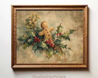 May include: A framed vintage print depicting a gingerbread man amidst holly and red berries, ideal for festive decor. The artwork has a warm, antique aesthetic. The wooden frame adds to the traditional feel.
