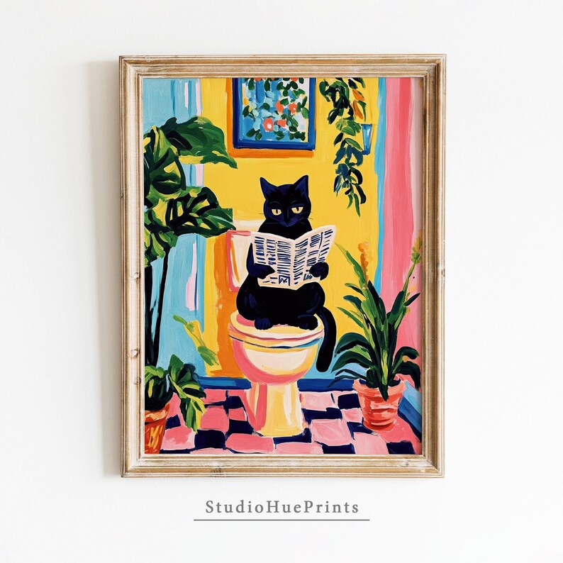 May include: A black cat sits on a toilet reading a newspaper in a colorful bathroom with green plants. The walls are painted in shades of pink, yellow, and blue.
