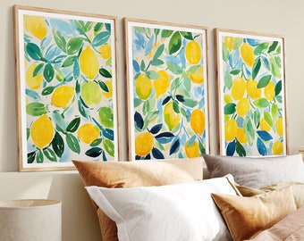 Lemons Printable Wall Art, Set of 3, Lemons Print, Botanical Wall Art, Lemons Poster, Lemon Painting, Kitchen Wall Art, Digital Download