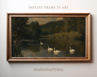 May include: A framed painting of a tranquil river scene with four white swans swimming in the water. The painting is set against a backdrop of lush green trees and a distant hillside.