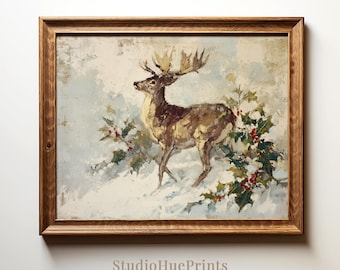 クリスマスのヴィンテージ絵画 | 印刷可能な鹿の油絵 | 冬の壁アート